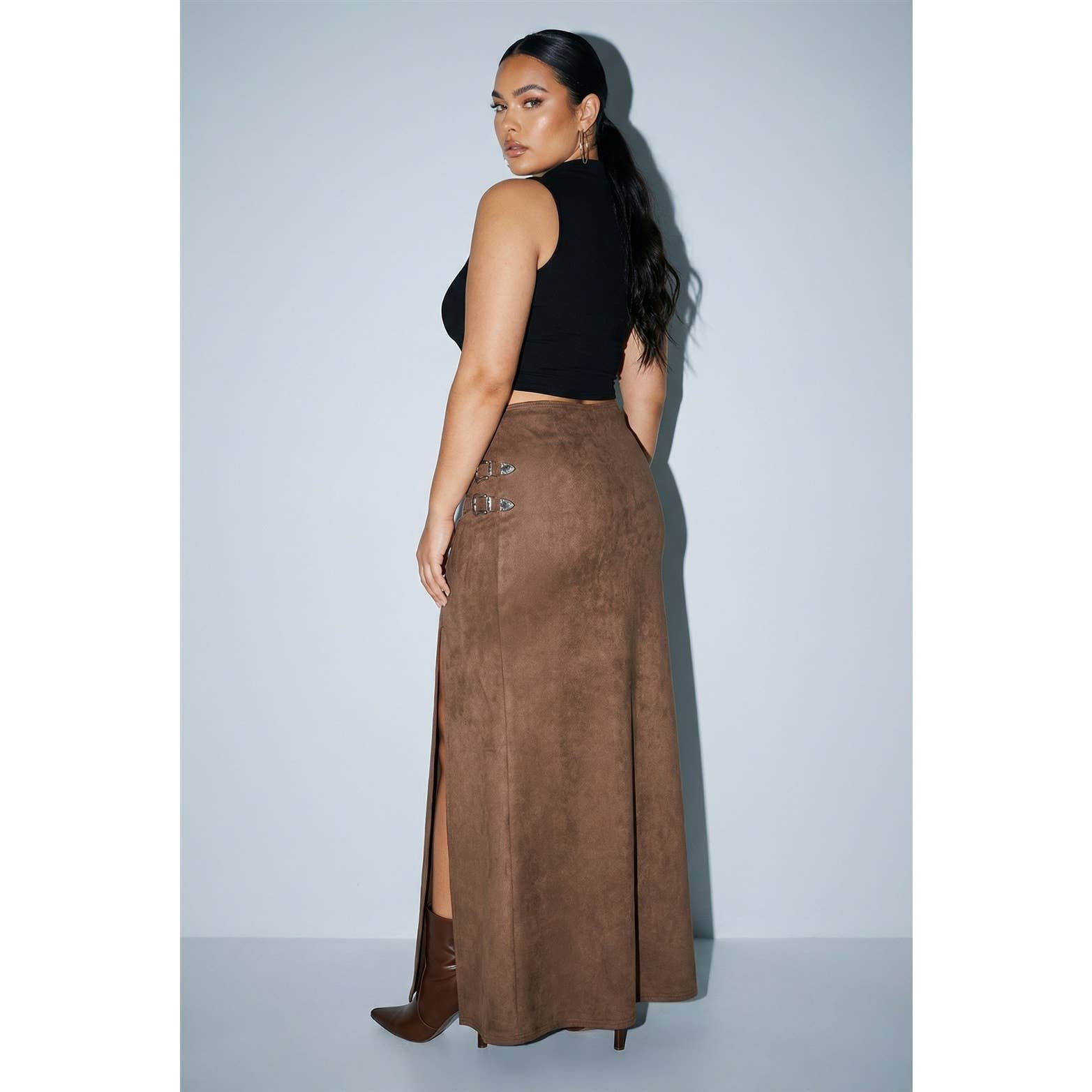 PLUS Western Faux Suede Maxi Skirt with High Slit