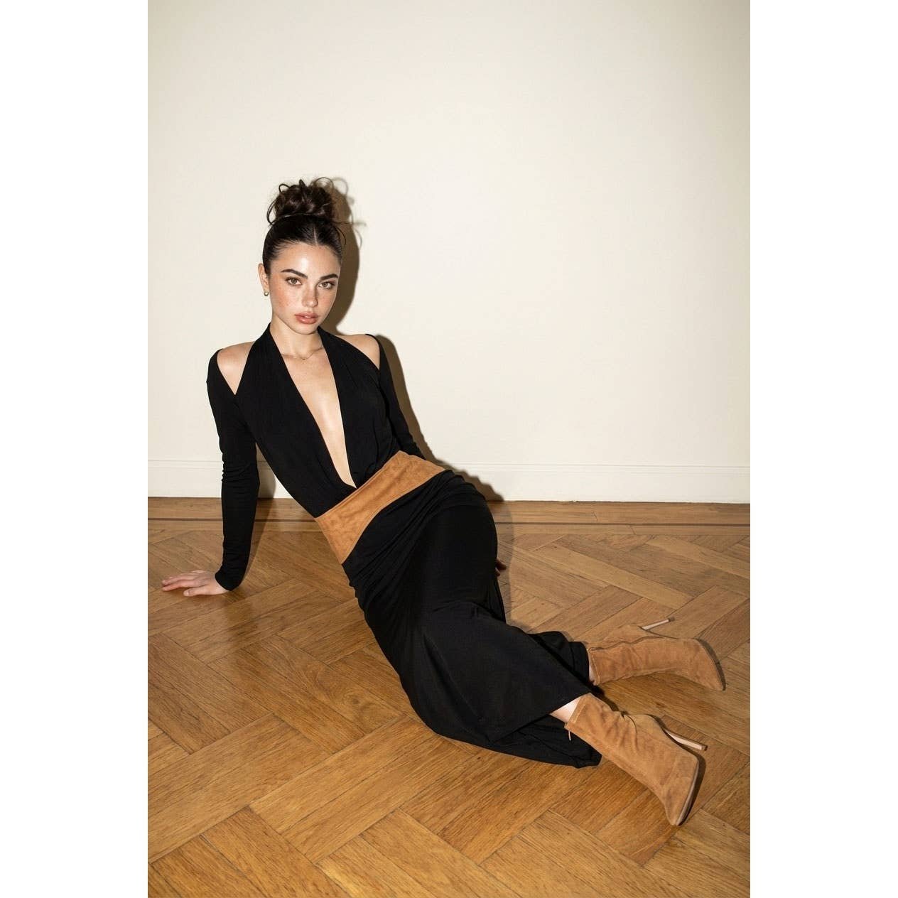 Suede Contrast Cutout Maxi Dress